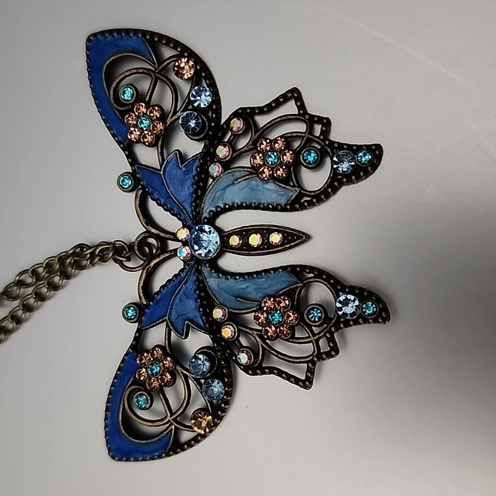 Bohemian  Butterfly Large pendant 22in NECKLACE Multigem Beautiful Enama…